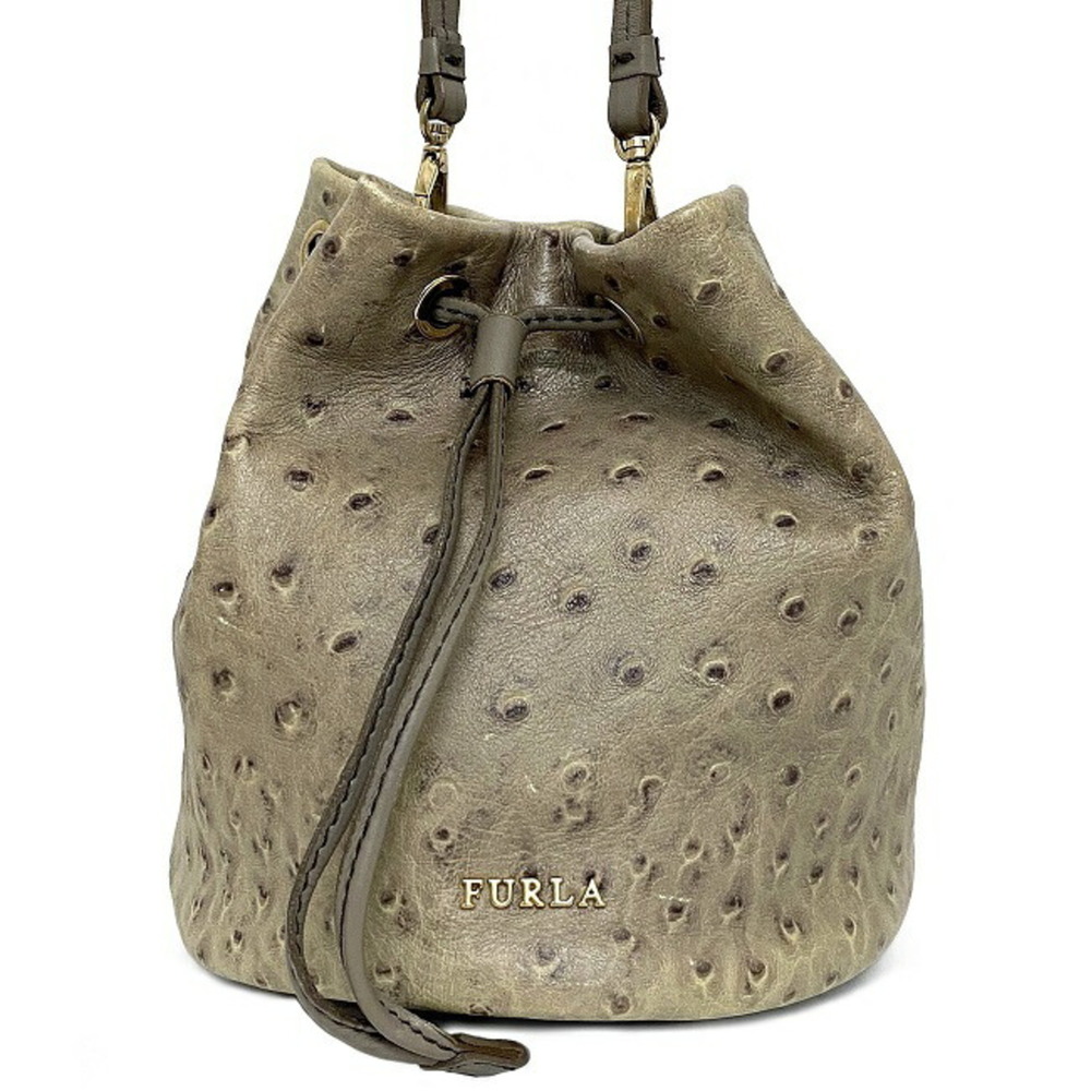 Furla Drawstring Shoulder Bag Gray Beige Leather FURLA 2way Pouch Clutch Grei... - Picture 3 of 10